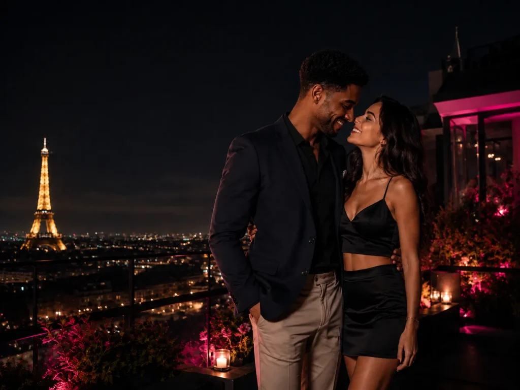 Black man and brunette woman enjoying a romantic date on a Paris rooftop after connecting through 1v1 chat