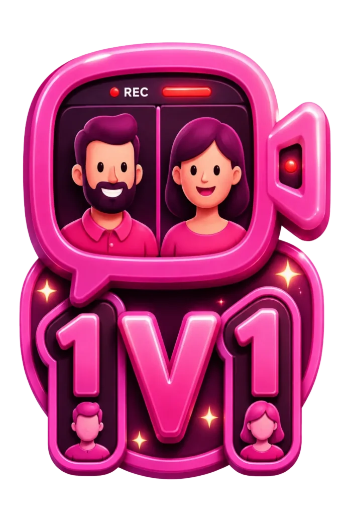 Pink 3D 1v1 video chat recorder icon showing a man and woman in a private one on one video call with a REC signal