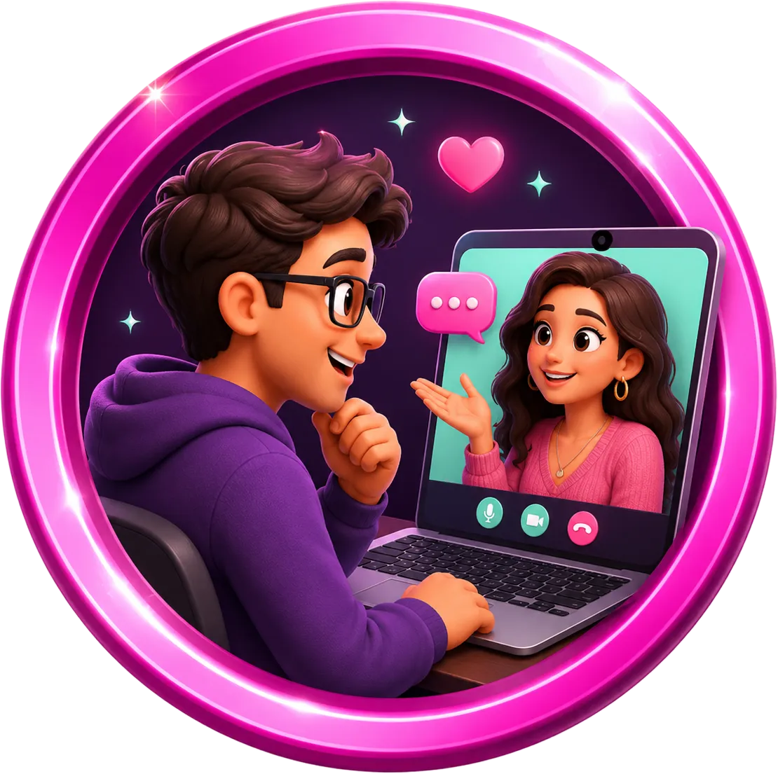 Nerdy young man building confidence while talking to an attractive woman through a one on one video chat on a laptop