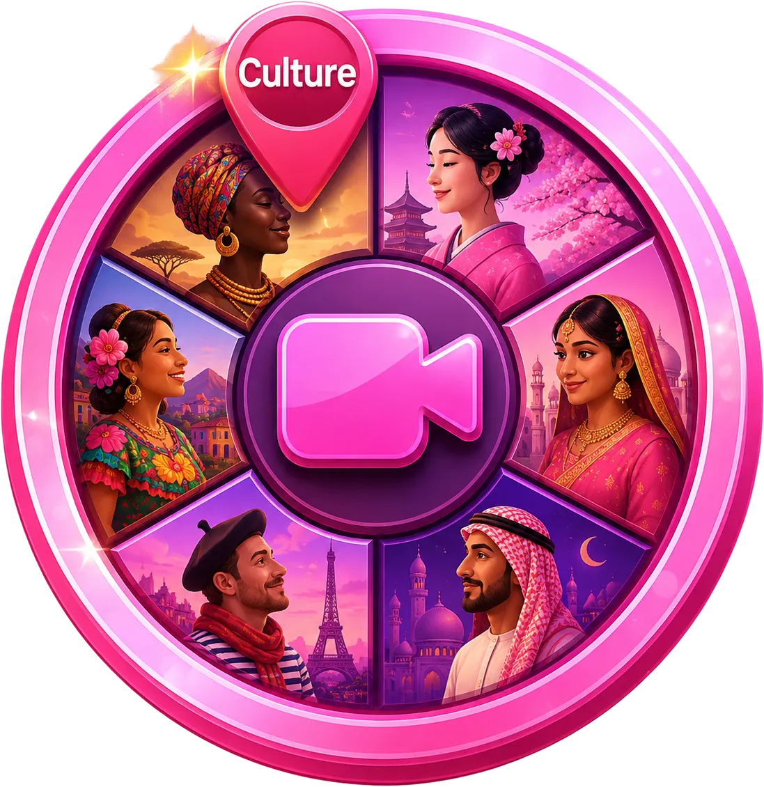 Pink culture roulette wheel showing people from different backgrounds connecting through 1v1 video chat online