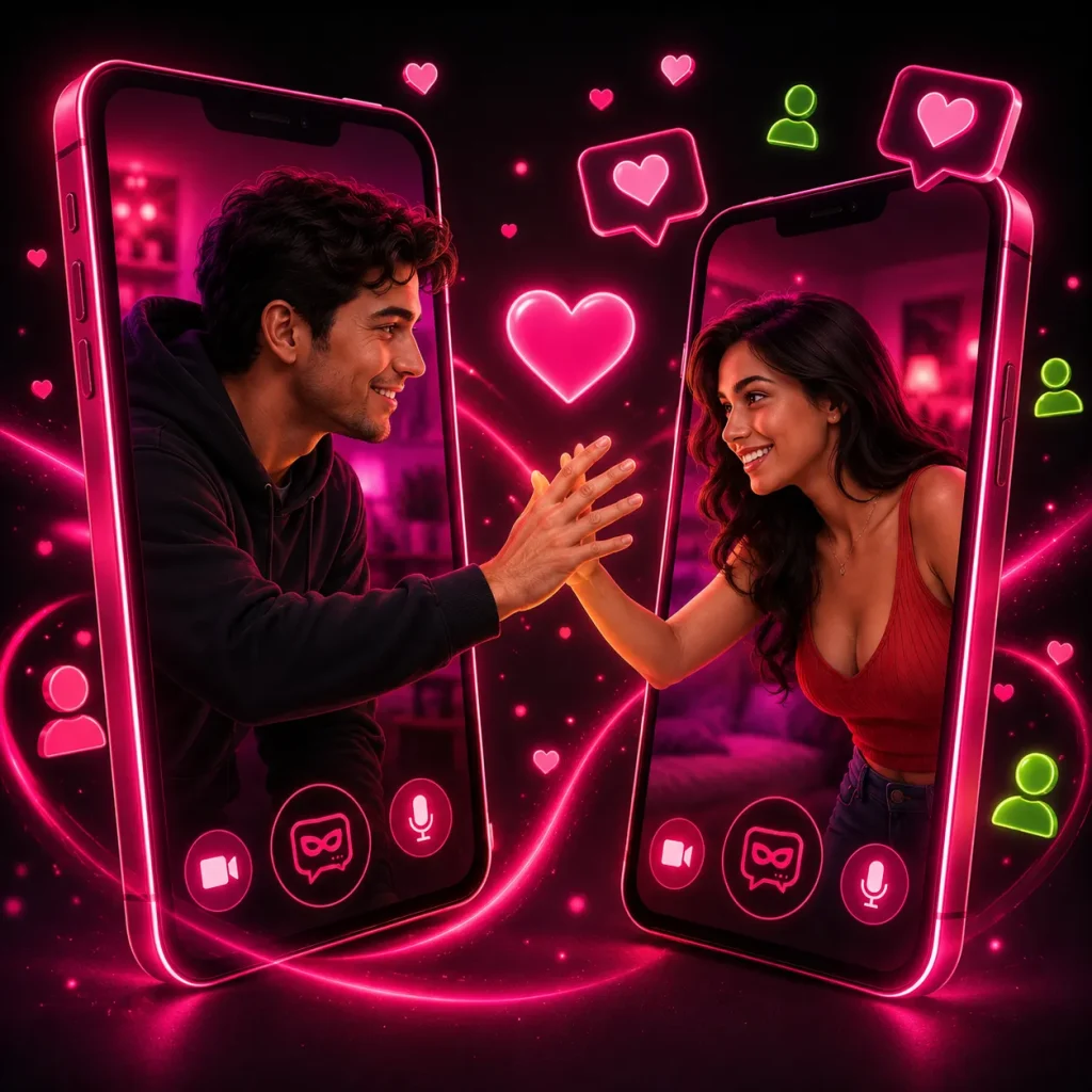Man and woman connecting through free cam chat on two smartphones with pink heart icons and video call controls
