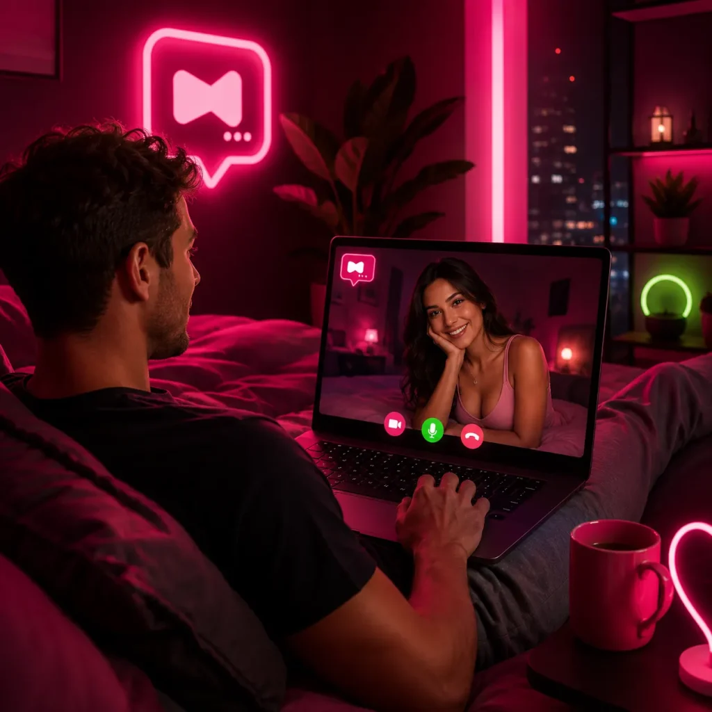 Man relaxing in his bedroom while using free cam chat to talk with a woman through a private laptop video call