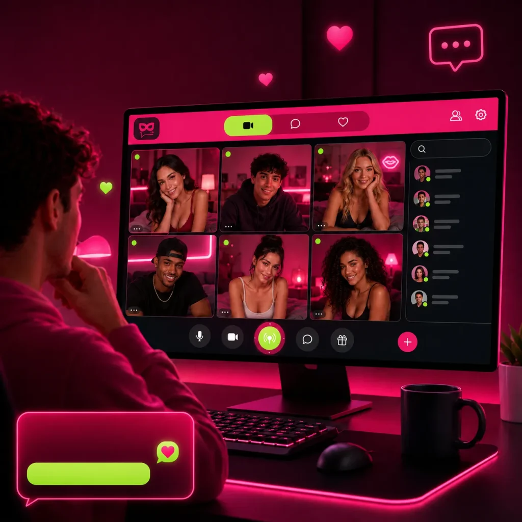 User exploring a free cam chat room on a desktop screen with multiple live webcam conversations and active users