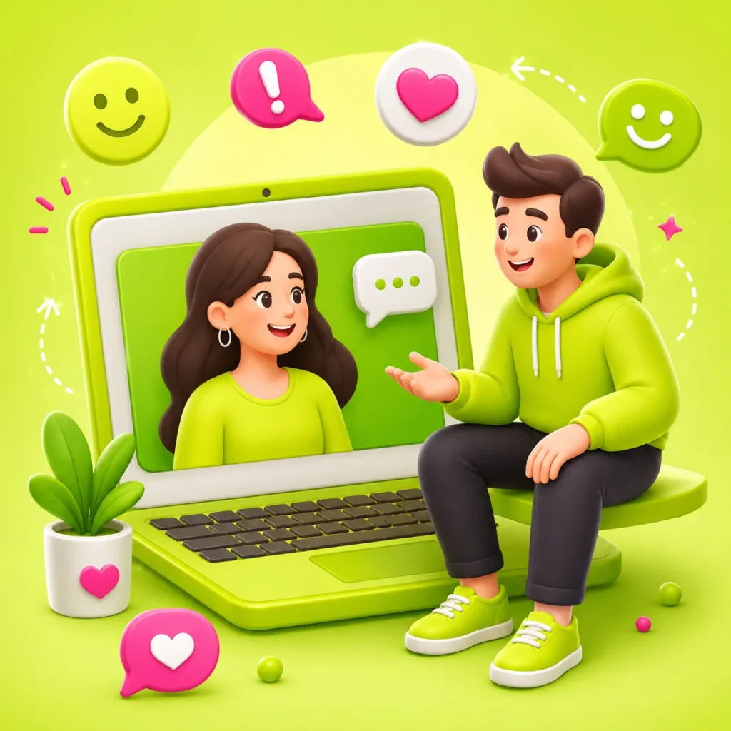 Lime-themed 3D illustration of a man chatting with a woman through a laptop during a friendly 1v1 chat conversation