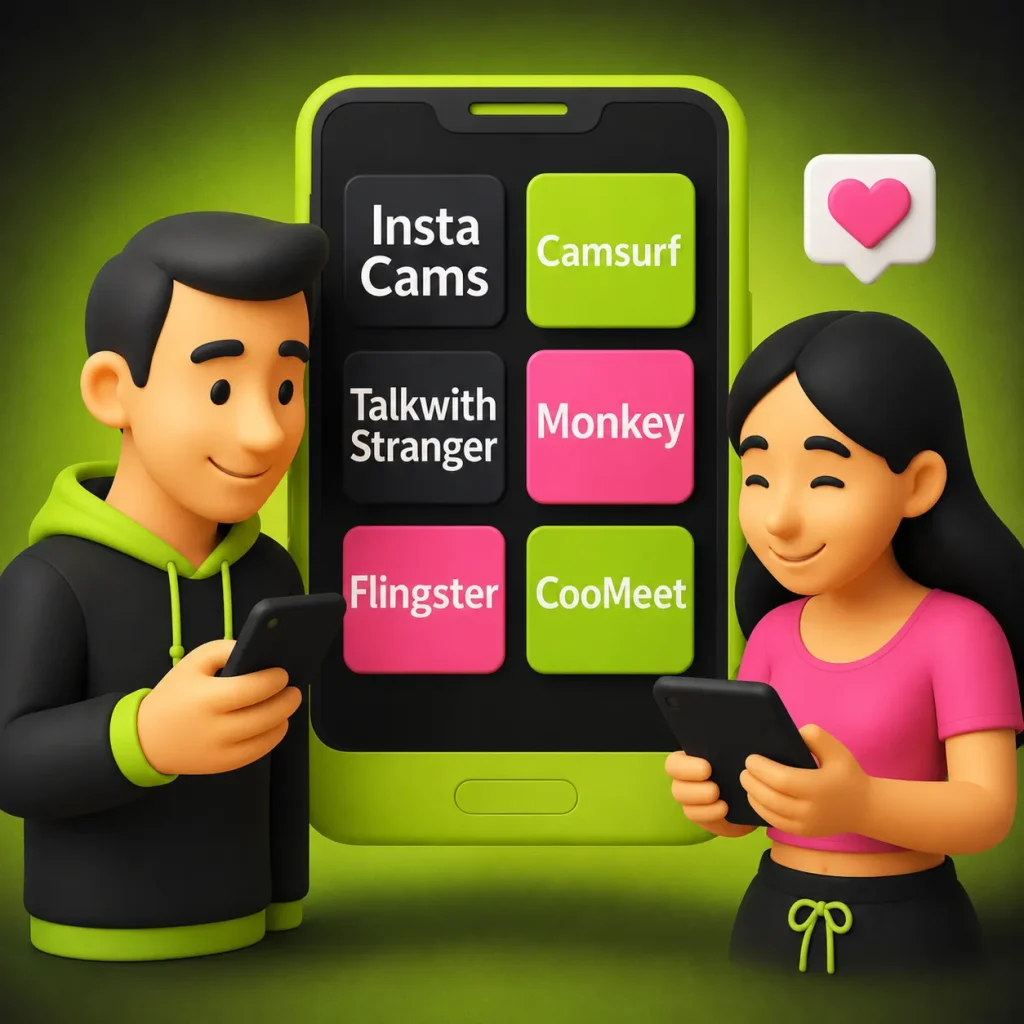 Man and woman using smartphones beside a lime-green screen showing 1v1 chat and random video chat platform options