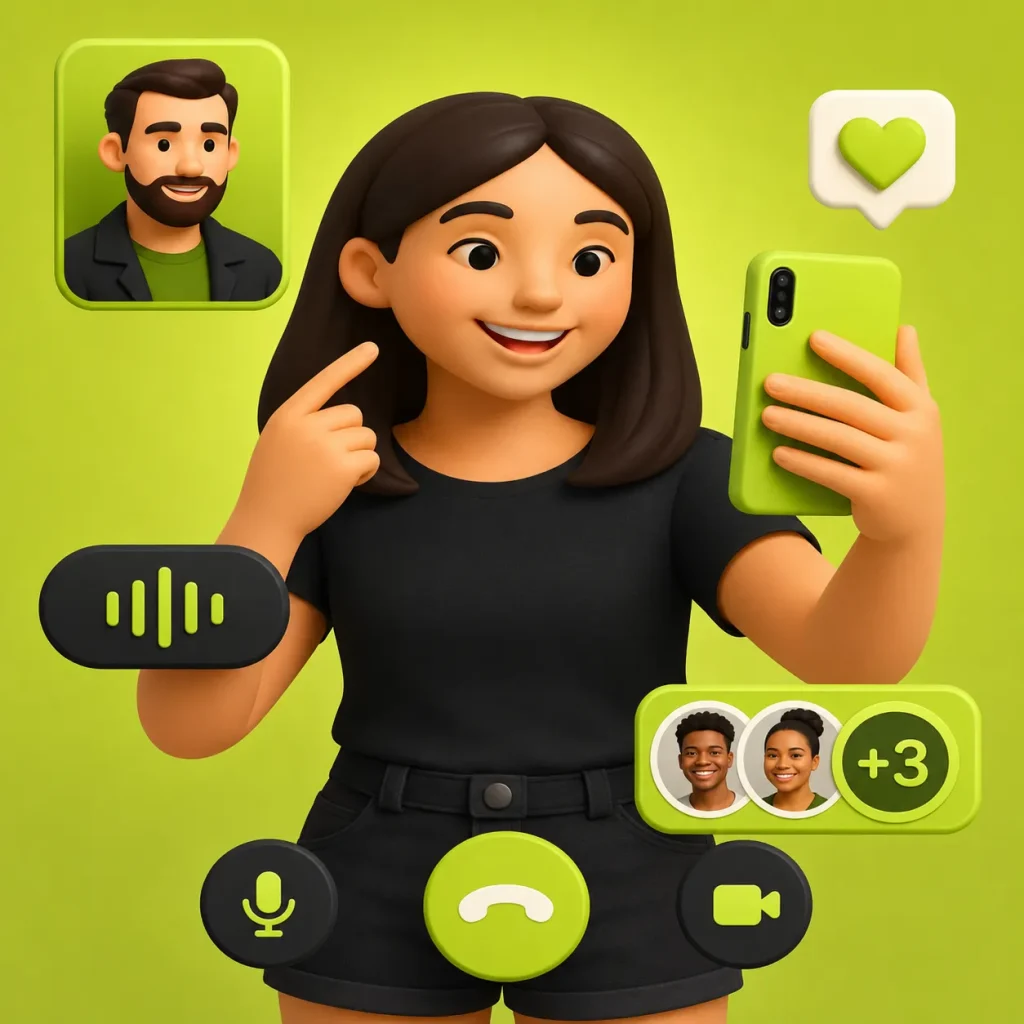 Lime-themed 3D illustration of a woman using her smartphone for a live 1v1 video chat with call controls and participant icons