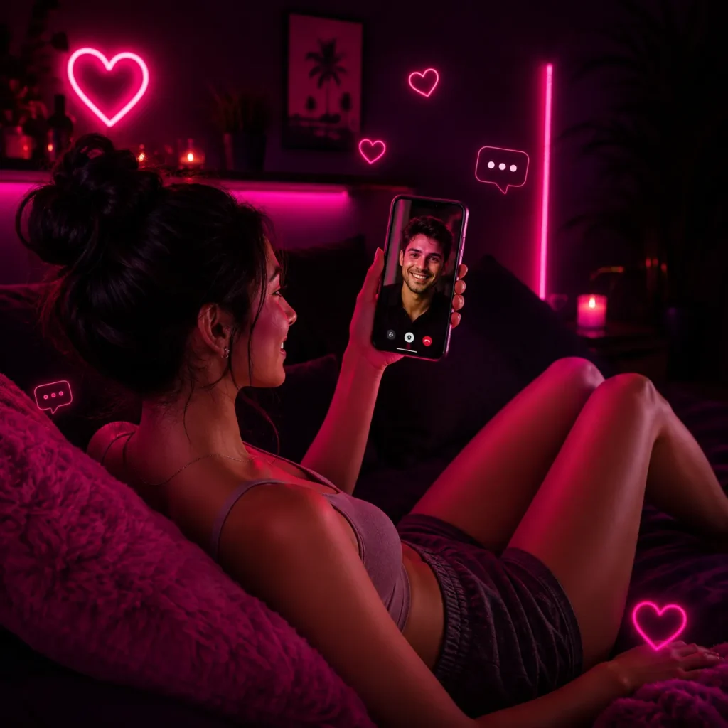 Woman relaxing in a pink-lit bedroom while using her phone for a one on one cam chat with a man