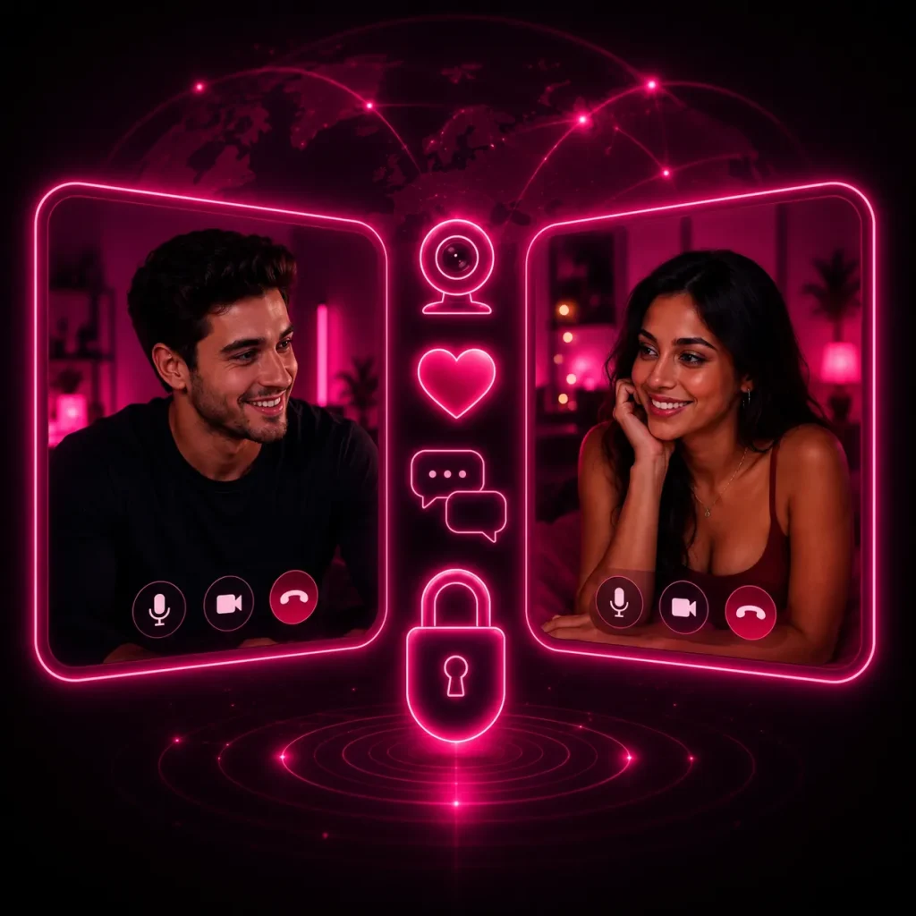 Secure one on one cam chat interface showing a man and woman in a private video conversation with a lock icon
