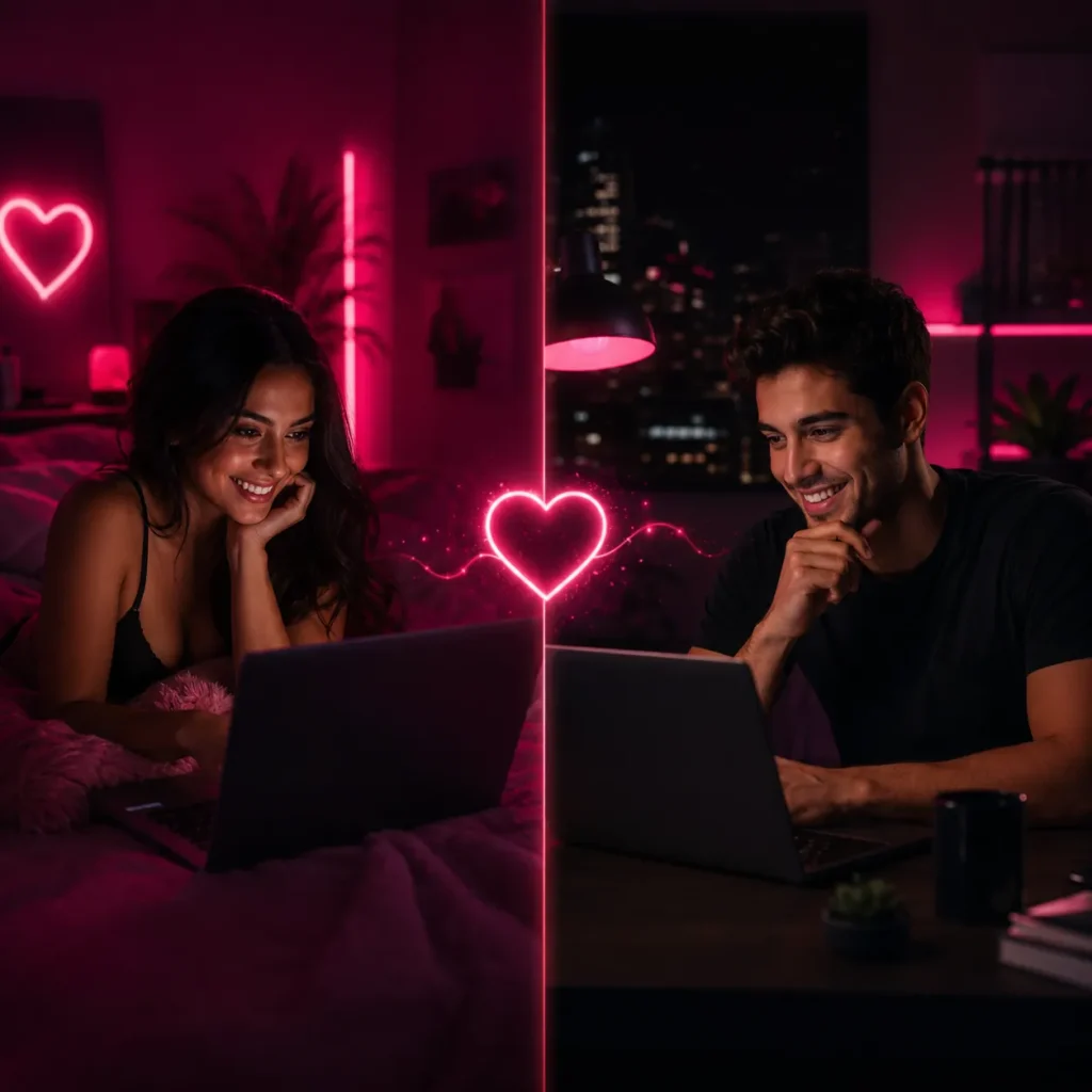 Man and woman enjoying a private one on one cam chat through laptops in separate pink-lit rooms