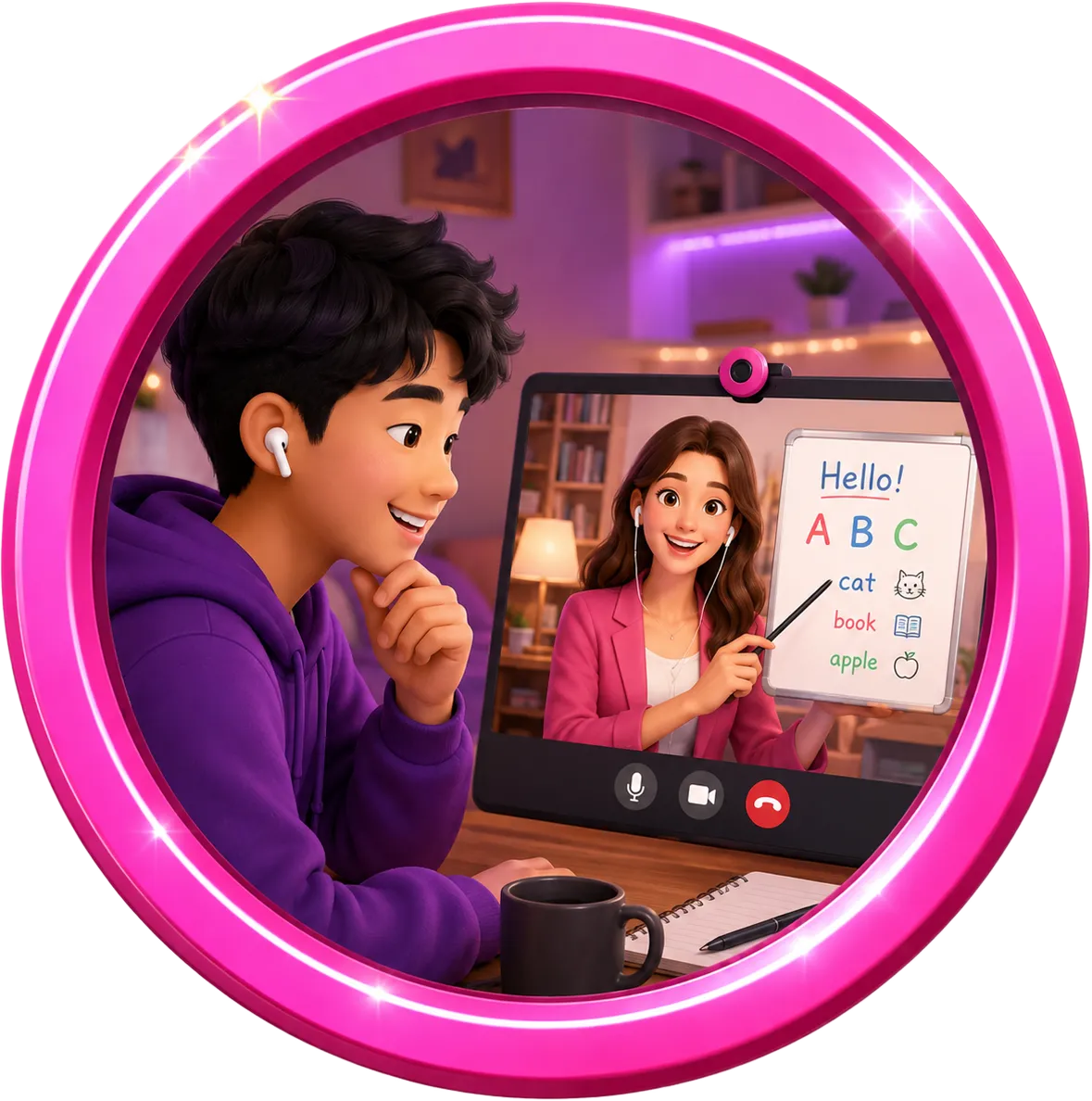 Young Chinese man practicing English through 1v1 video chat with a female tutor holding a teaching board during an online lesson