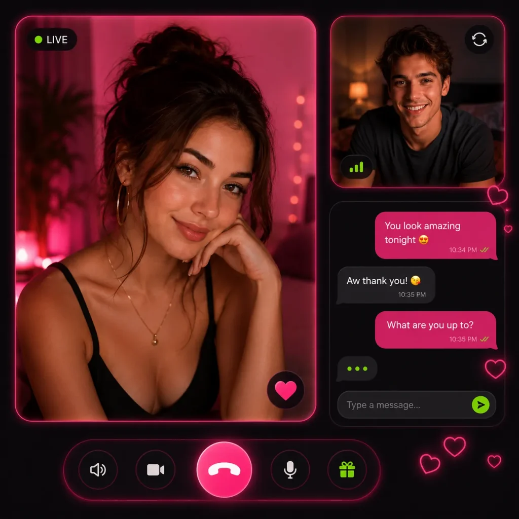 Video chat girls interface showing a woman in a live webcam conversation with messages, heart icons, and call controls
