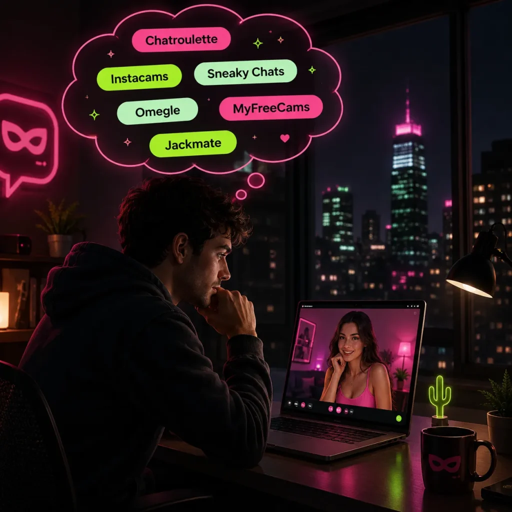 Man and woman exploring video chat sites on their phones beside a large mobile screen with webcam, chat, and heart icons