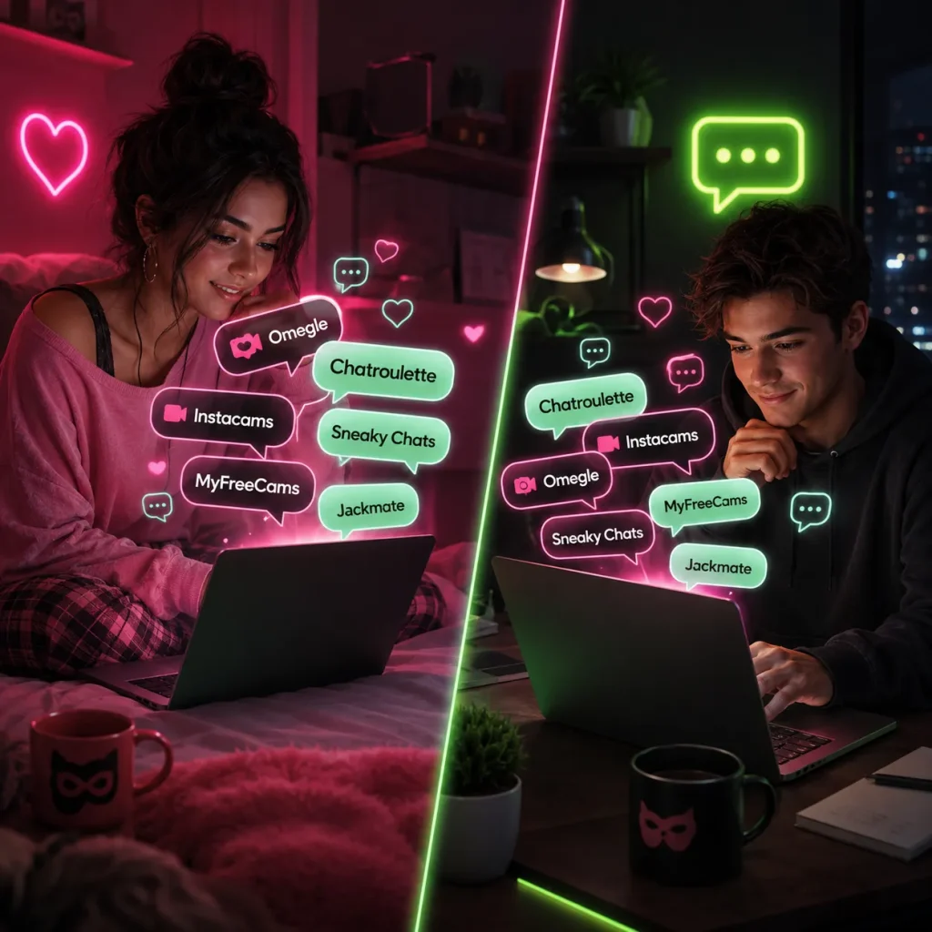 Woman and man comparing video chat sites on laptops with floating options including Chatroulette, Instacams, Omegle, Sneaky Chats, MyFreeCams, and Jackmate