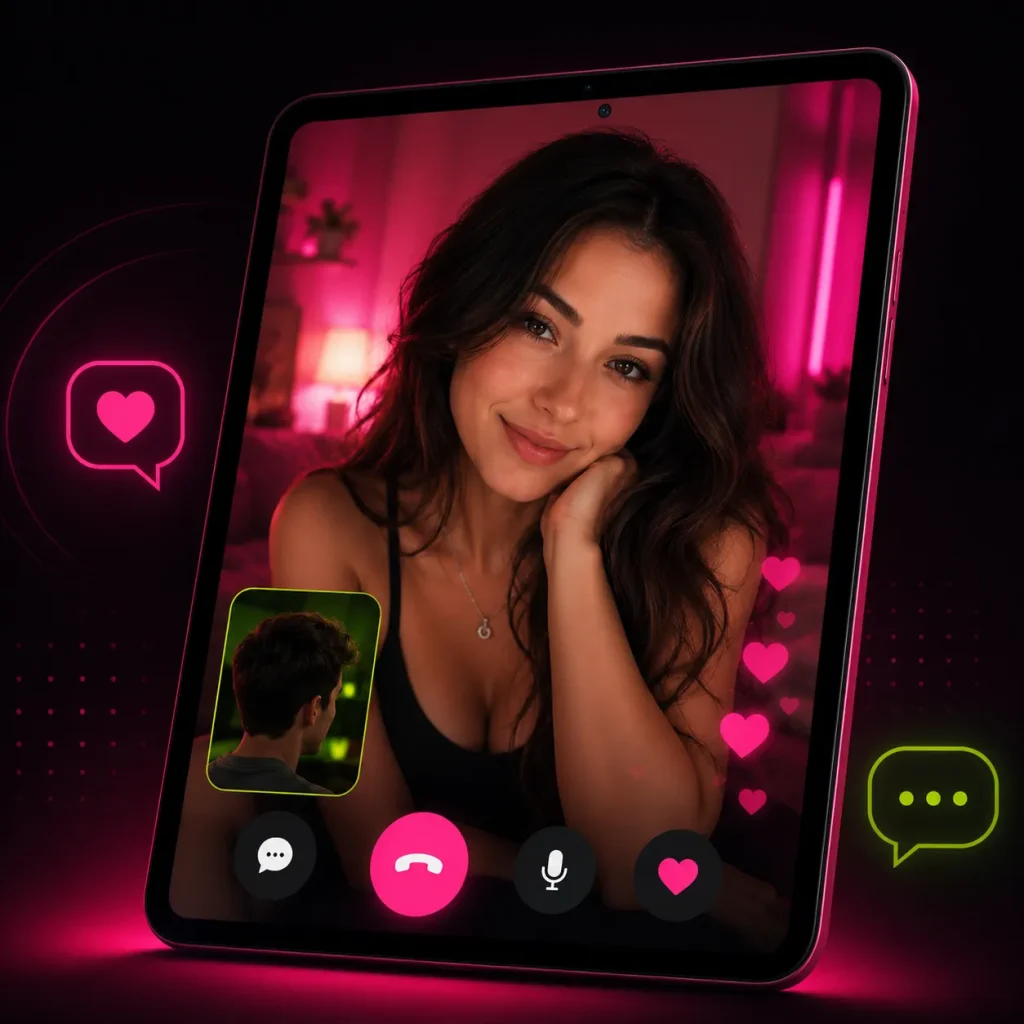 Tablet screen showing a woman during a private video chat with a male stranger and pink live chat icons