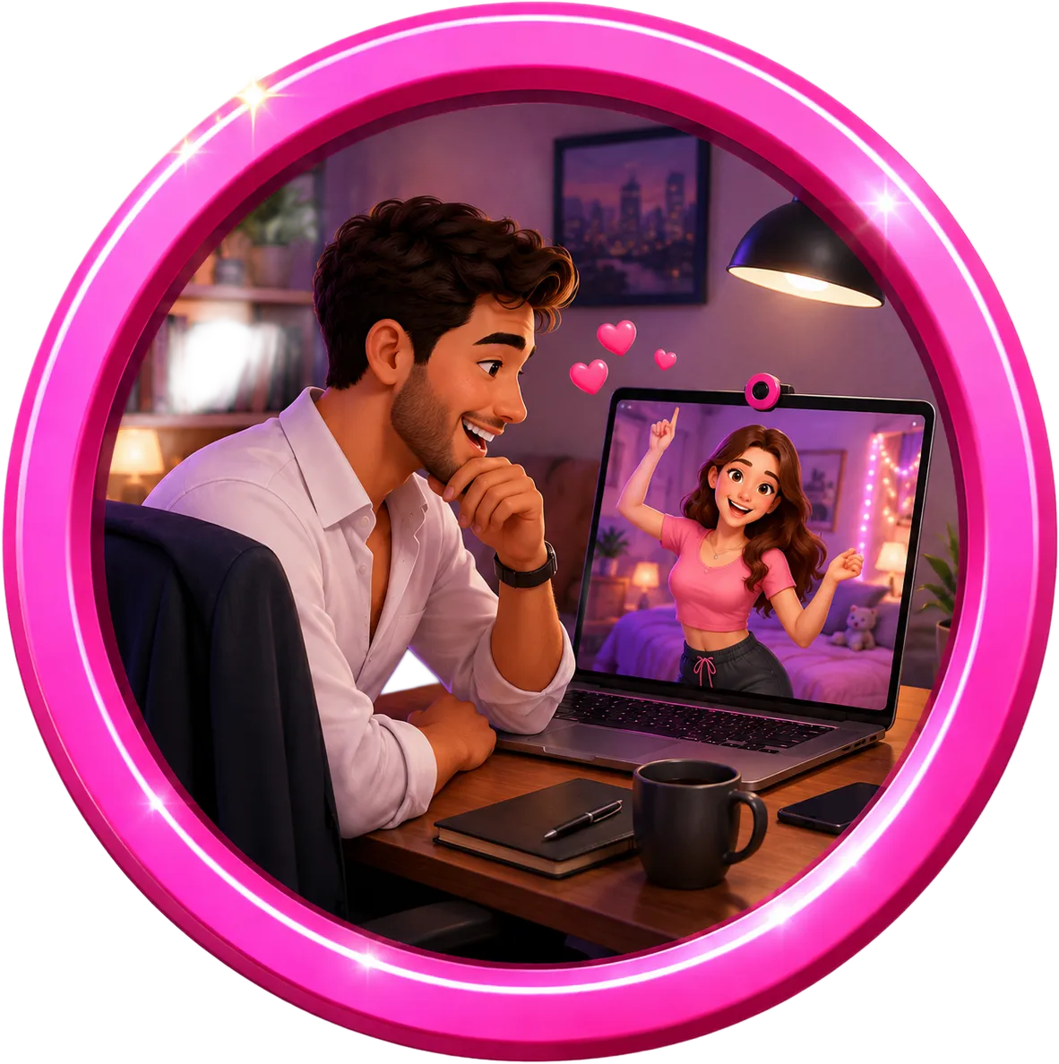 Corporate man relaxing after work while enjoying a fun 1v1 video chat with a cheerful woman dancing on his laptop screen