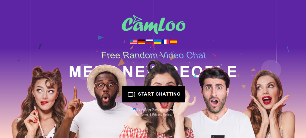Camloo homepage with a start chat button and video chat layout