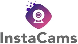 InstaCams camera icon and wordmark in purple and gray