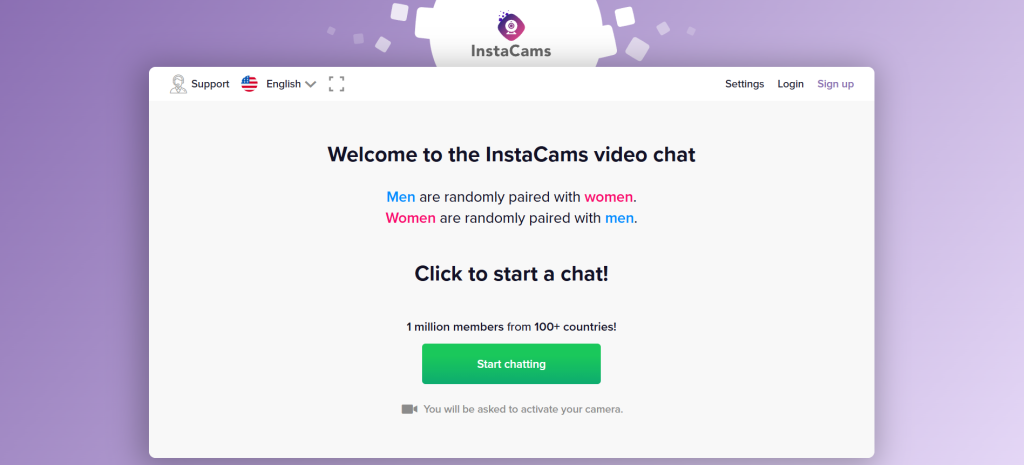 InstaCams video chat homepage with navigation and chat options